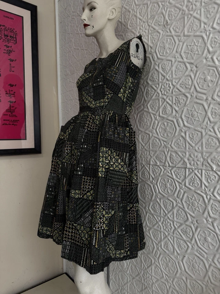 Vestido de día vintage años 50 estampado en bloques-vestido de verano-vestido de algodón-verde Foto 3 de 4