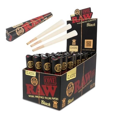 RAW Black Cones Classic King Size vorgerollt 3 Kegel Pack 1 3 5 10 32 volle Box