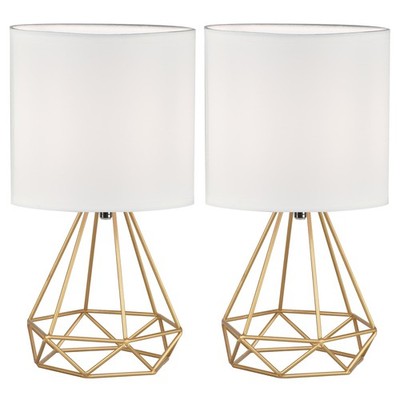 2er Set geometrische 32 cm Tischlampe Nachttischlampen gold mit weißen Schirmen