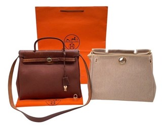 Auth Hermes Herbag PM Canvas E Engraved Dark Brown 2Way Bag W/Bag NS081455