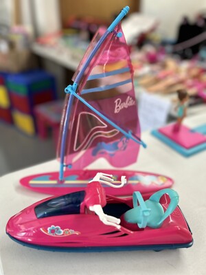 Barbie Hot Pink Jet Ski Sailboat Wind Surf Sail Life Jacket Water Fun LOT EUC