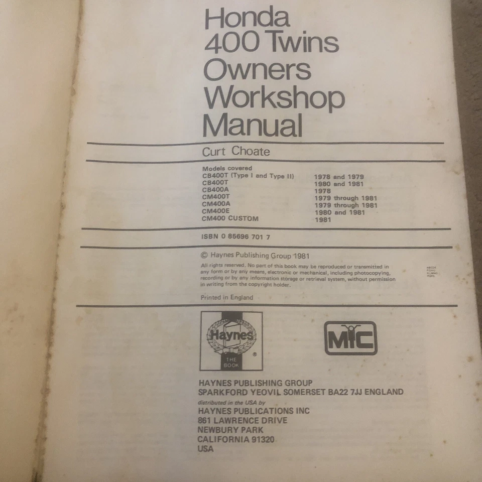 Manual de servicio de taller del propietario Haynes Honda Hawk 400 Twins 395cc 1978-1981 Foto 2 de 4