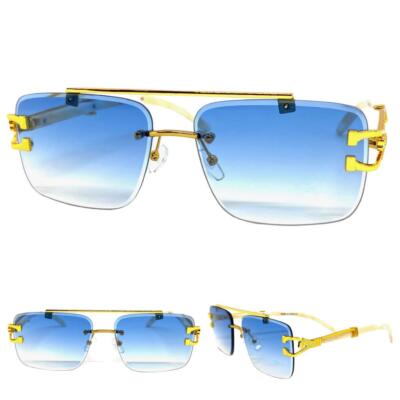 Mens CLASSY Elegant Sophisticated Retro Hip Hop SUN GLASSES Gold Frame Blue Lens