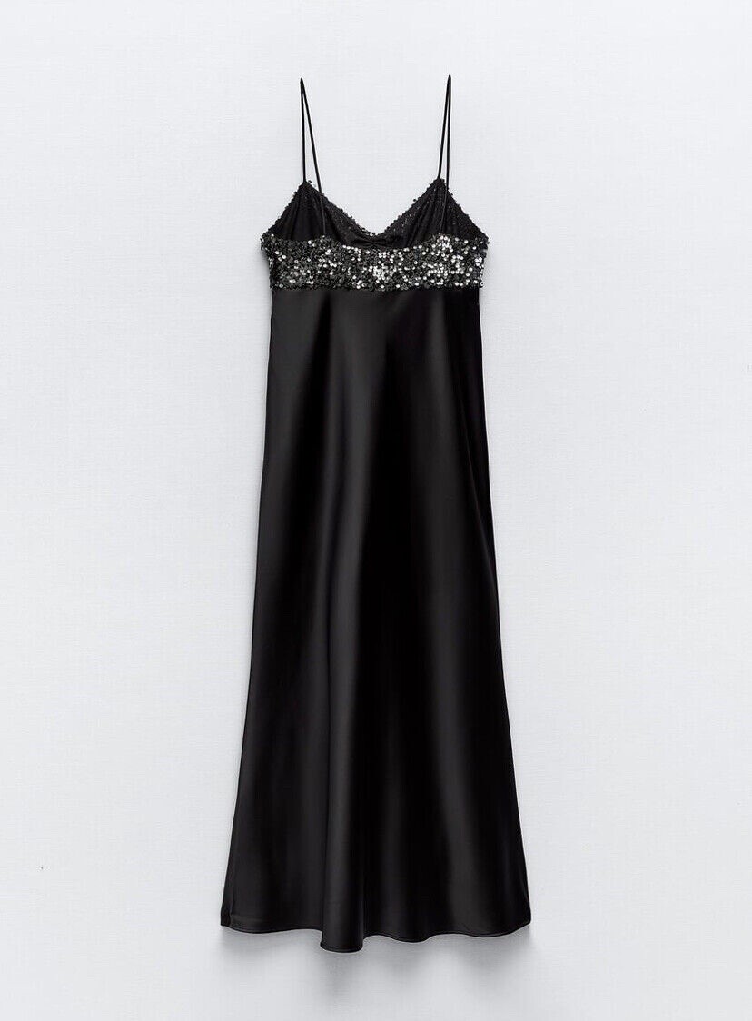 ZARA NEW WOMAN MIDI STRAPPY CONTRAST SEQUINNED SLIP DRESS