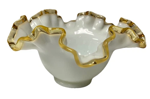 Fenton Elegant Milk Glass Amber/Yellow Crest Bonbon Candy Dish 7” Wide