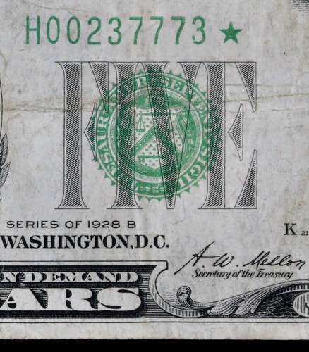 Rare $5 1928B Star dark green FRN H00237773* plain series five dollar, St. Louis