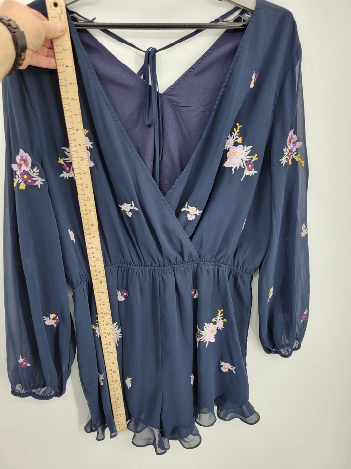 Arula Romper Womens A Large Blue Floral Embroidered Sheer Sleeve Ruffle Hem - Image 4 of 4