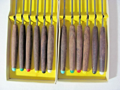2 Boxed Sets-6 Piece Wood Handled Color Coded Stainless Steel Fondue Forks - Picture 3 of 12