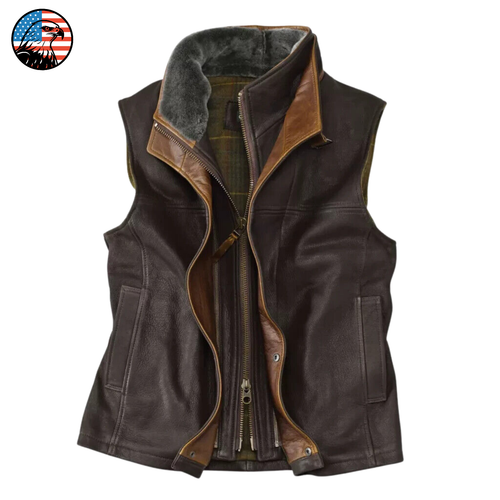 Men's Lambskin Brown Leather Vest Double Collar Faux Fur Pilot Biker Waistcoat - Picture 1 of 7