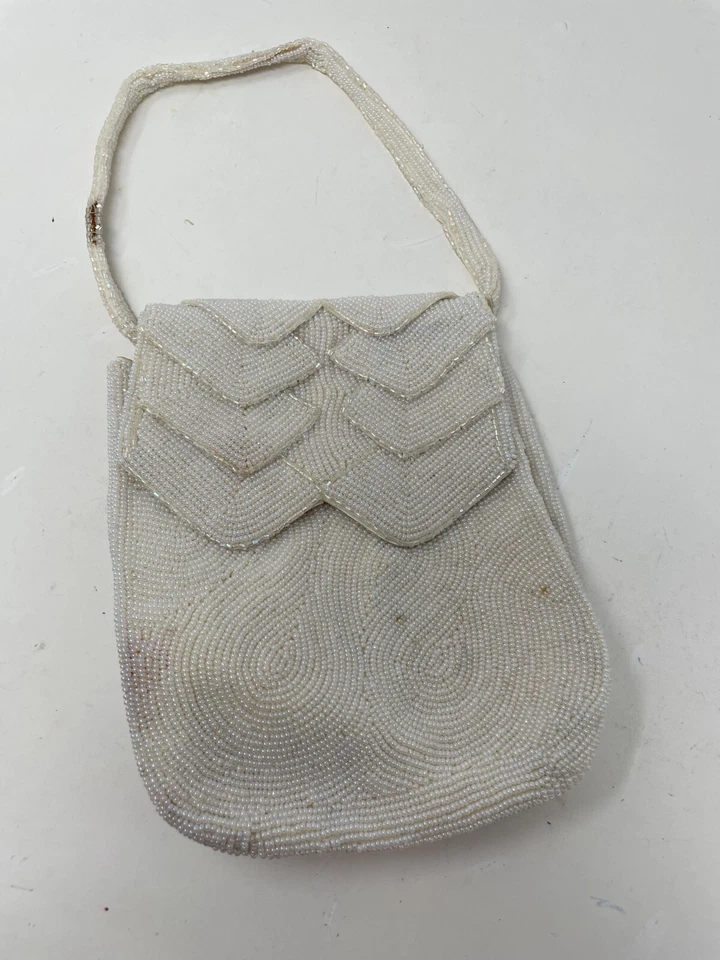 Bolso de noche vintage Walborg con cuentas Japón marfil chevron solapa cartera de boda 7x6 Foto 4 de 4