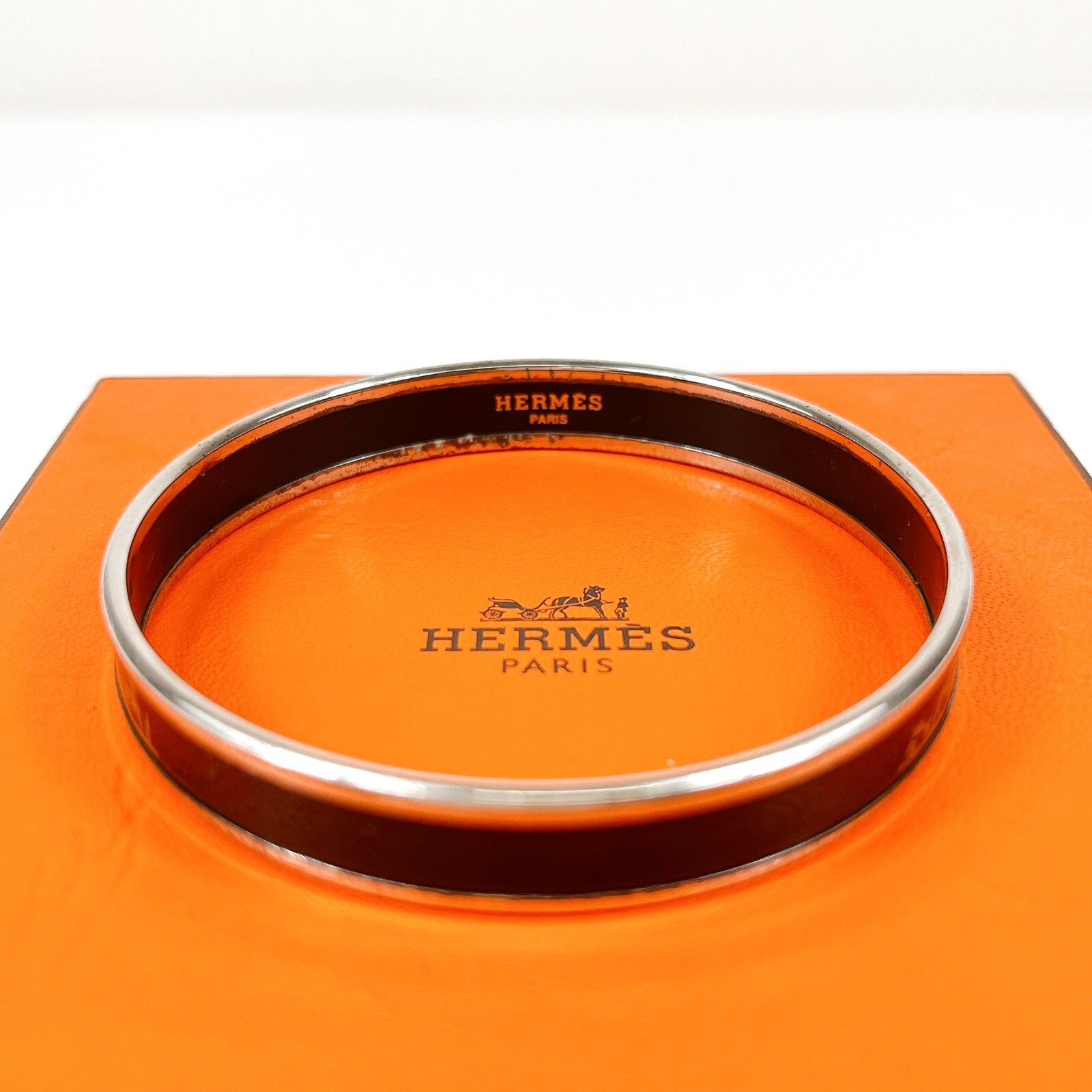 HERMES Black Horse Carriage Enamel Bangle Bracelet Authentic with Box Japan-image