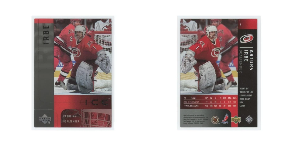Arturs Irbe 2001 Upper Deck Ice #6 Carolina Hurricanes Hockey Card NM - Image 3 of 3