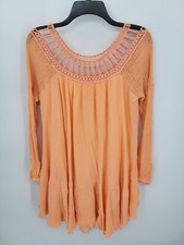 Free People Dress Womens Small Orange Peach Gauze Ruffle Hem Crochet Insert