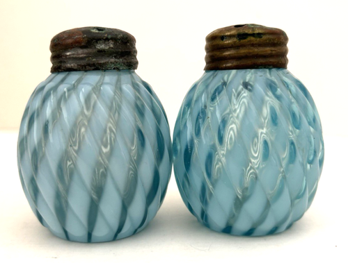 EAPG (2) Buckeye Blue Opalescent REVERSE SWIRL Salt Shakers - Picture 2 of 6