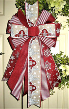 10 " RED BARN on LIGHT TAN WIRED BOW for DOOR WREATH SWAG GARLAND MAIL  120 rb
