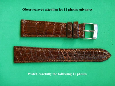 20 MM BRACELET CROCODILE VÉRITABLE BRUN BRILLANT FAIT MAIN 16 MM A LA BOUCLE - Photo 1/4