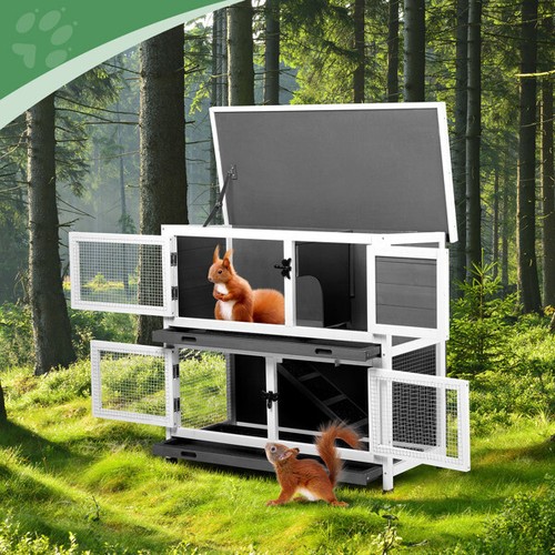 2 Story Solid Wood Rabbit Hutch Bunny Cage with 2 Large Main Rooms, Indoor Outdo