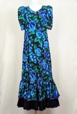 Vintage 80s Dress Black Purple Floral Ruffle Maxi Hawaiian Muumuu Size S