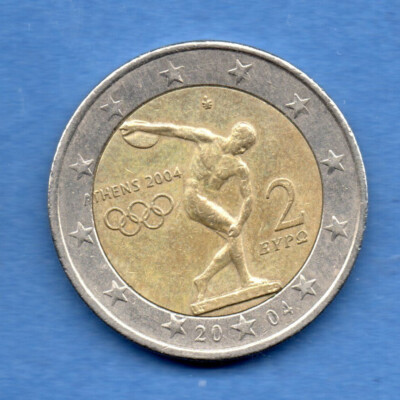 Greece. 2 Euro Athens 2004 Olympic Games Used = L@@K Discus Thrower, Greek Coin