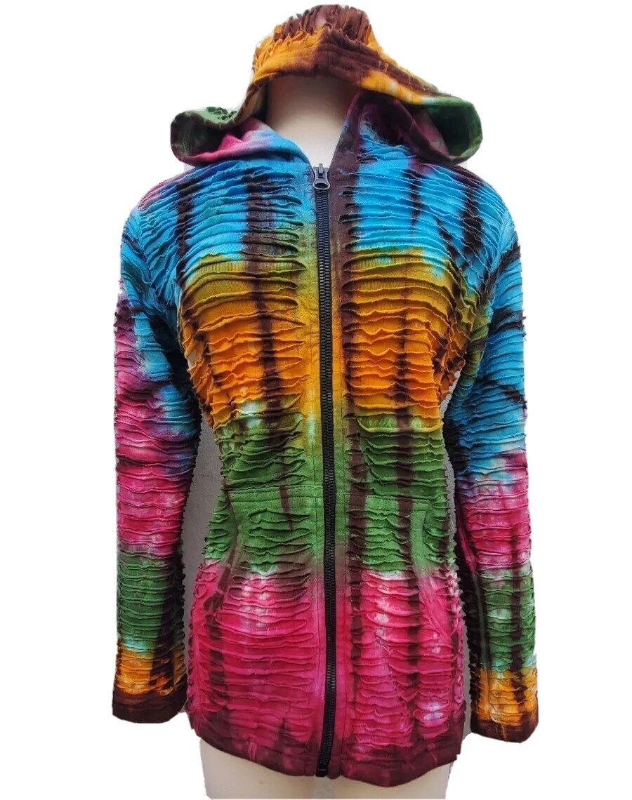 Vtg Multi Tie Dye Nepal Razor Cut Hoodie Zip Jacket Whimsical Cottage Core  Sz M