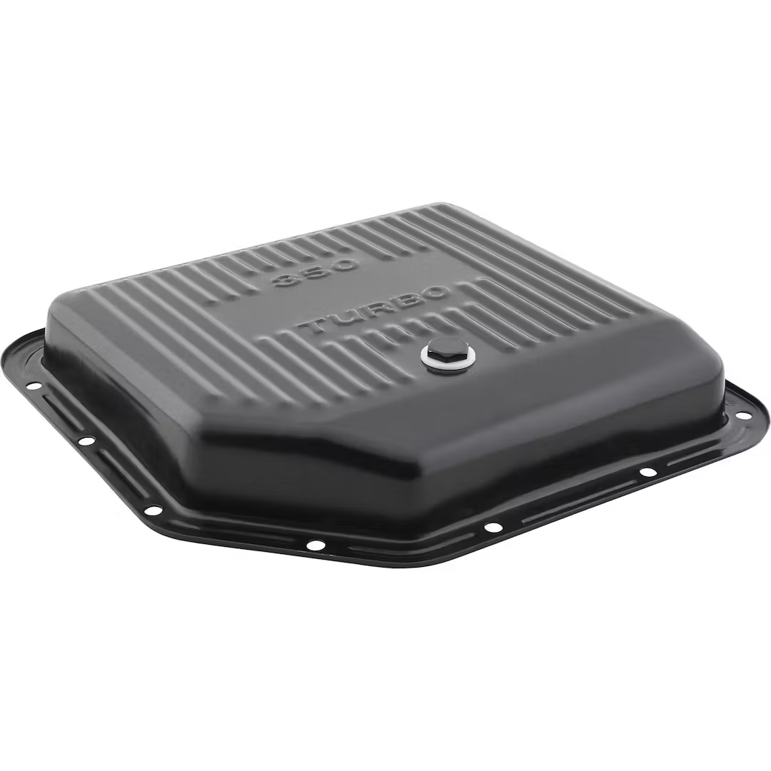 Shallow TH350 Turbo 350 Black Transmission Pan Ribbed With Drain Plug