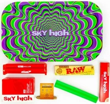 Metal Rolling Tray Trippy Combo Bundle Kit RAW, SKY HIGH Gift Pack Set #24 King