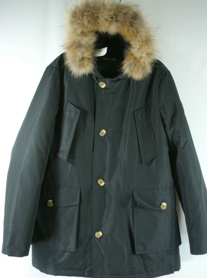 NUEVO Anorak con capucha de piel real Roberto Cavalli para hombre en negro talla XL #C1653 Foto 3 de 4