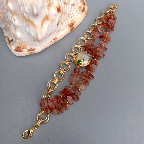 8" 3 Rows Natural Sparkling Sunstone White Coin Pearl Gold Plated Chain Bracelet - Picture 4 of 6