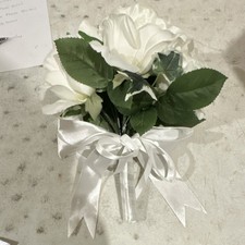 Artificial White Rose Wedding Bouquet with Ribbon and Green Accents