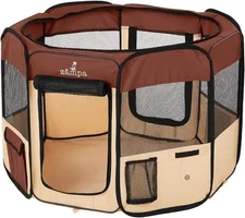 Zampa Playpen Medium 45"X45"X24" Pop up Portable Playpen For Dogs & Cats Brown