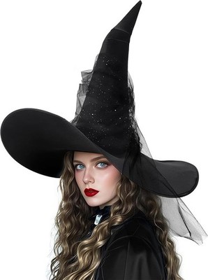 Women's Black Ruched Witch Hat Oversized Witches Hats Wide Brim masquerade Party