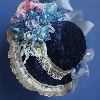  DOLL HAT for ATG. FRENCH/GERMAN BISQUE DOLL 13''CIR.& 23'' Blue Velvet SILK Lined