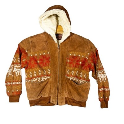 Vtg Modern Explorer Aztec Navajo Sherpa Lined Leather Western Jacket Womens M