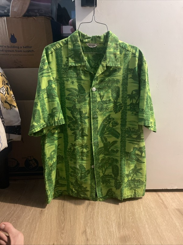 Vintage Dark Lime Green Hawaiian Scenery Shirt Hula Girl Boat Beach Hibiscus -XL
