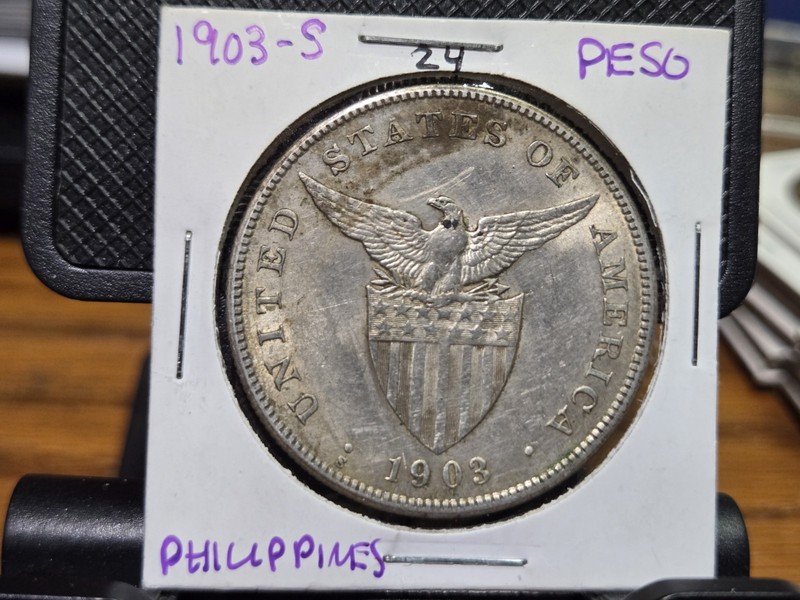 Nice UNC TONED 1903-S Philippines Silver Peso.  High Grade. 24