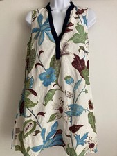 Tory Burch Linen Blend Floral Print Sleeveless Mini Dress Tunic Coverup, Sz S