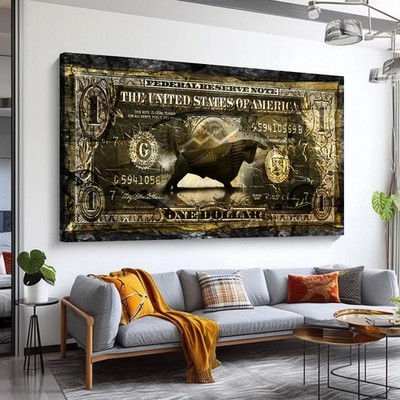 Leinwandbild Dollar Bull Gold Schwarz Modern Kunstdruck Wandbild Wohnzimmer 8805
