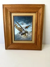 Vintage Foil Art Prints – BiPlane Airplane Combat War Decor – Wood Framed