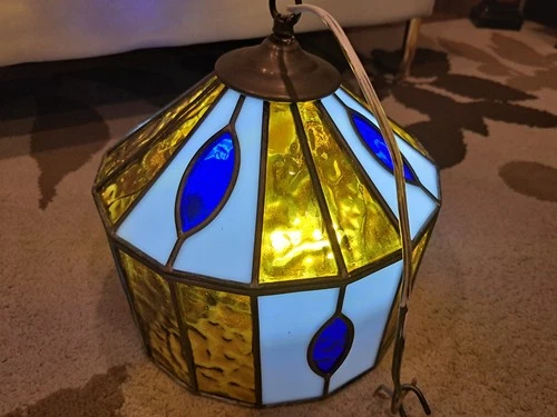 Vintage Tiffany Style Stained Glass Swag Hanging Ceiling Light Pub Lamp 10” Diam