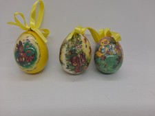 Lot Of 3 Small Easter Egg Paper Mache Decoupage With Yellow Ribbon.