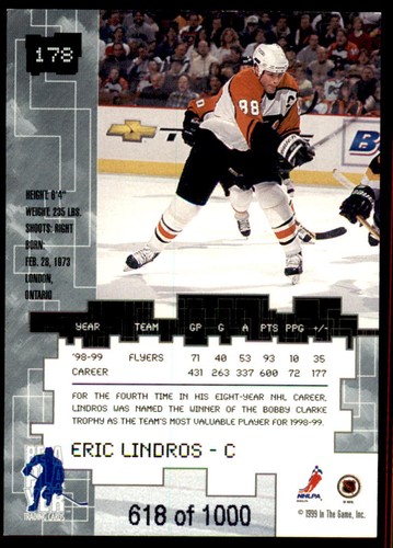 1999-00 Be a Player Millennium Signature Series #178 Eric Lindros #/1000 Ruby - Foto 2 di 2
