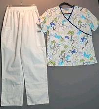 Scrub Set, Women SB Scrubs Small Butterfly Top And Scrubzone Medium White Pants
