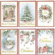 24 Assorted Christmas Cards with Envelopes - Gold Foil Glitter Watercolor