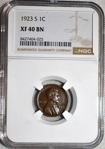 NGC XF-40 BN 1923-S Lincoln Cent, Smooth, Chocolate-Brown specimen.