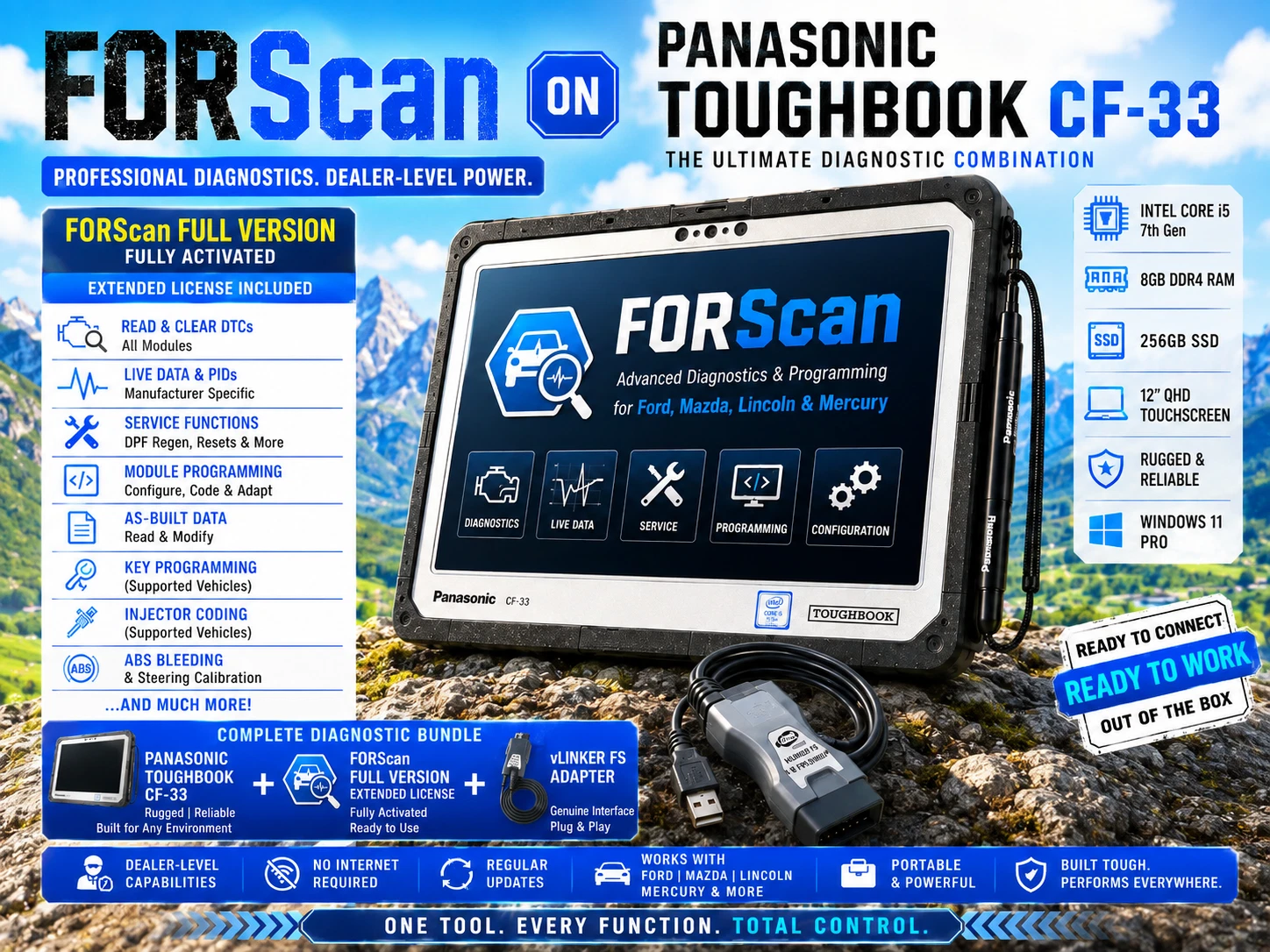 Panasonic CF33 Ford Diagnostic Forscan Vlinker Plug & Play W11 Touch Tablet image 1