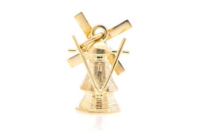 Vintage Windmill Moveable Fan 3-D House Charm Pendant 14Kt 585 Yellow Gold