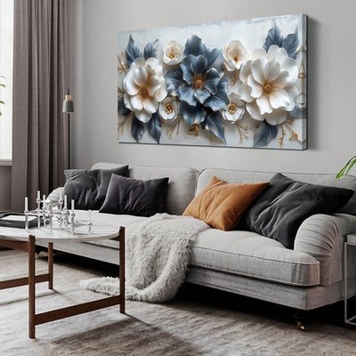 Blue and White Flower Pictures for Living Room Teen Bedroom Decor for Girls W...