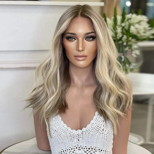 Balayage Ash Brown with Blonde Highlight Wavy Lace Front 100% Human Hair Wigs - Picture 4 of 7