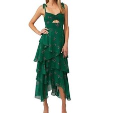 Flynn Skye Leona Midi Dress Emerald Green Floral Tiered Ruffle Cutout Small Boho