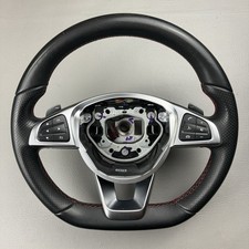 15-19 Mercedes Cla Amg Black Leather Red Stitch Steering Wheel Flat Bottom Oem